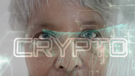 crypto text animation over close-up of person''s eyes with digital network graphics