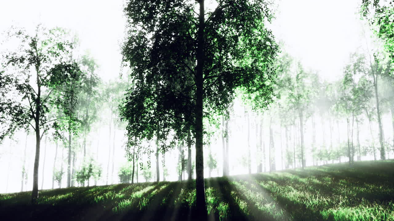 Sunlight filters through green trees in a serene forest landscape