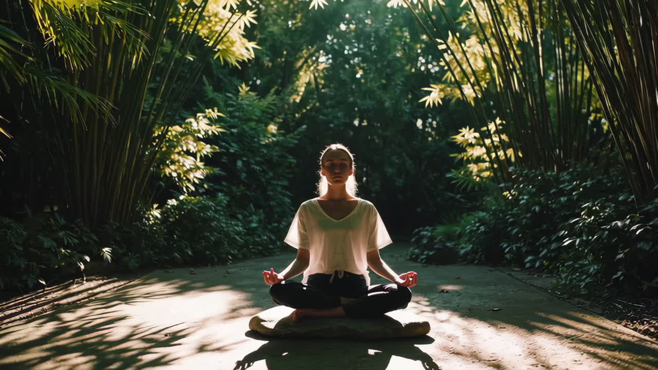 Woman meditating in a bamboo forest