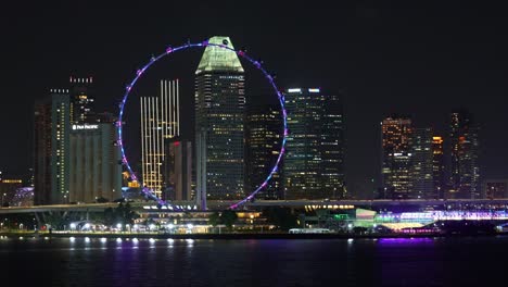 downtown cityscape with illuminated high rise buildings and skyscrapers featuring landmark singapore flyer captured at the rooftop park of marina barrage at night