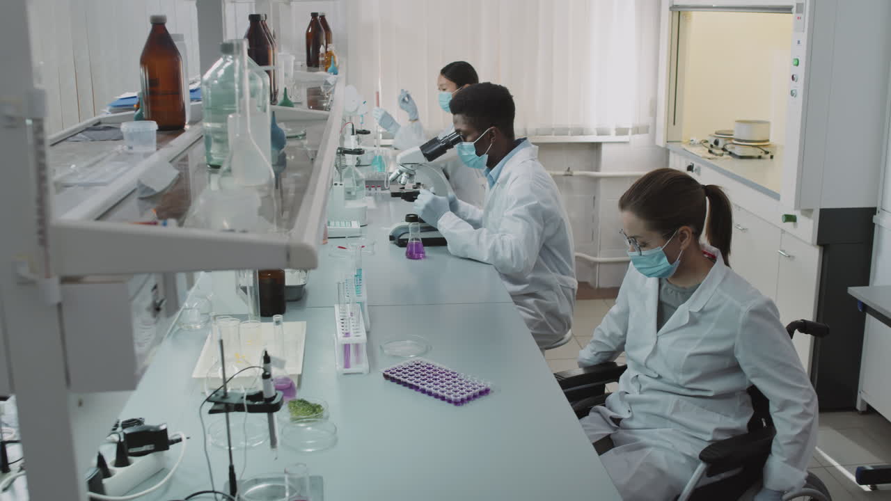 Female Scientist in Wheelchair Working with Colleagues in Lab