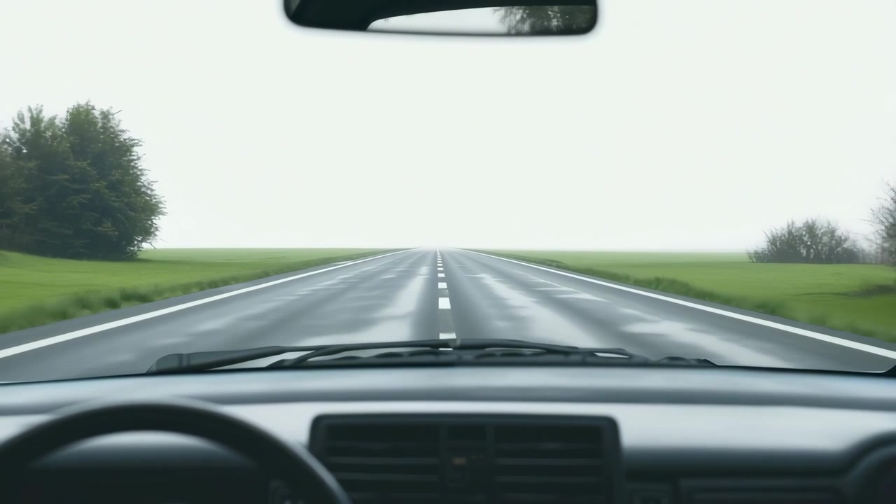 Driving on a Country Road Through Dense Morning Fog