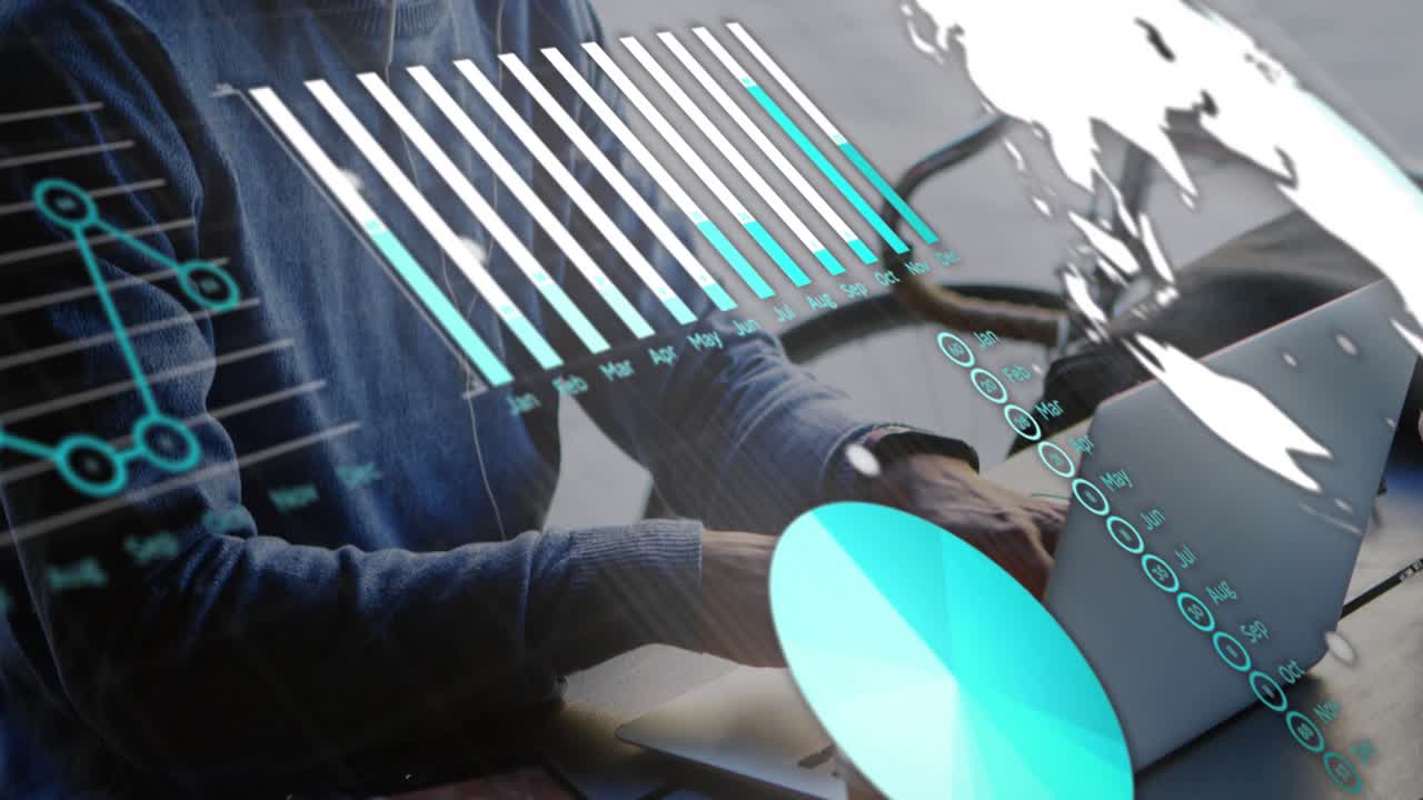 Estudante digitando em laptop em cafeteria, causando sobreposições de dados transparentes com análise de gráficos de barras e setores.