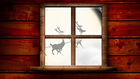 santa claus and reindeer flying over moon, window view