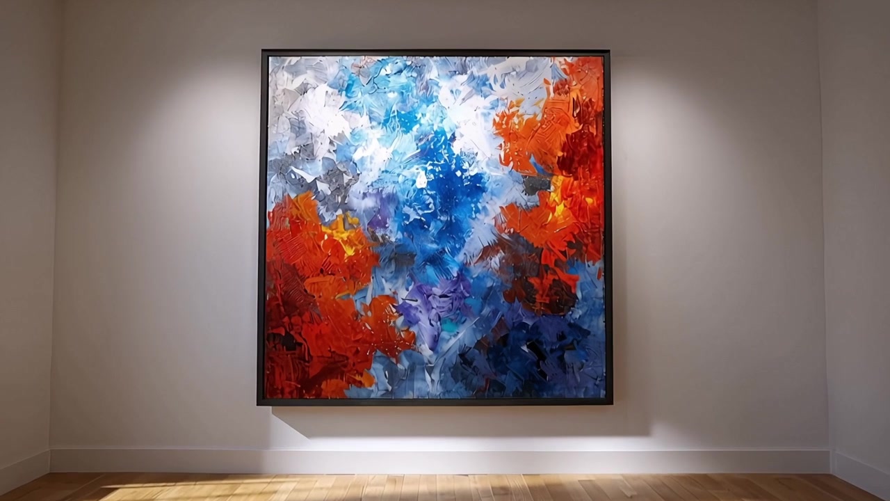Zoom su un vivace dipinto astratto in una galleria d'arte moderna.