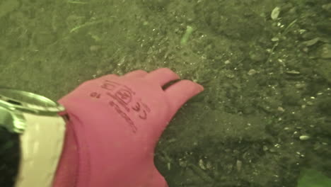 POV-shot-of-grabbing-with-a-red-glove-a-sunken-bottle-with-algae-on-it-to-prevent-pollution-by-removing-trash-from-the-water