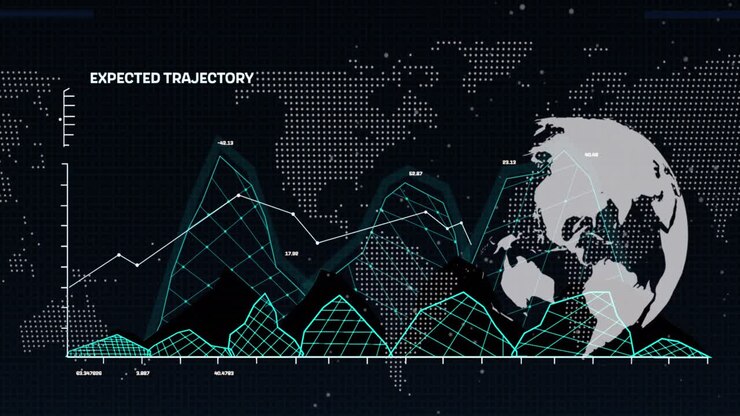 Animation of financial graphs, globe, world map and data over black background