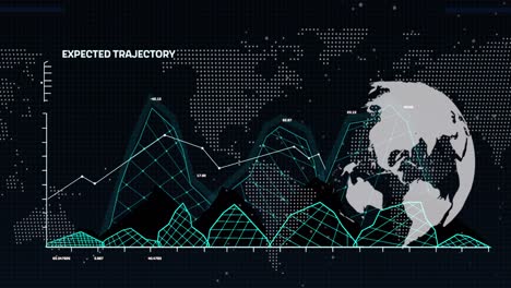 Animation-of-financial-graphs,-globe,-world-map-and-data-over-black-background