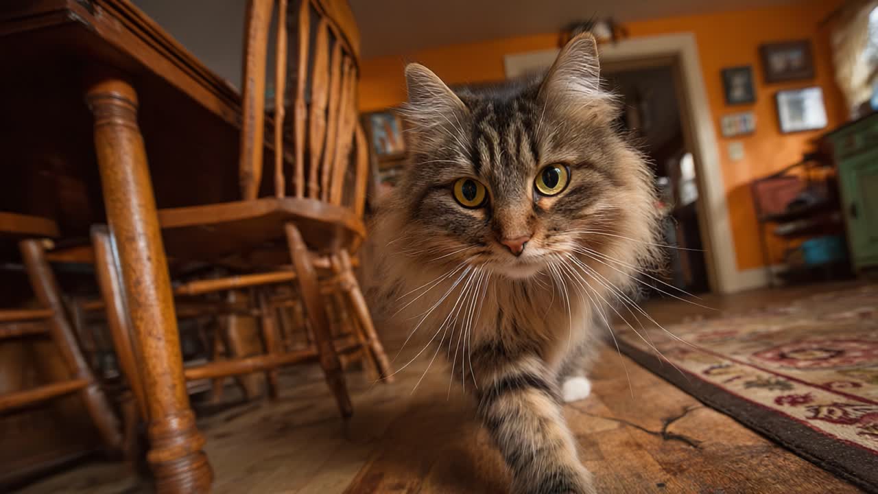 A Curious Feline Explorer on the Hardwood Floor, Captivating Eyes and Striking Fur Amidst a Cozy Kitchen Setting