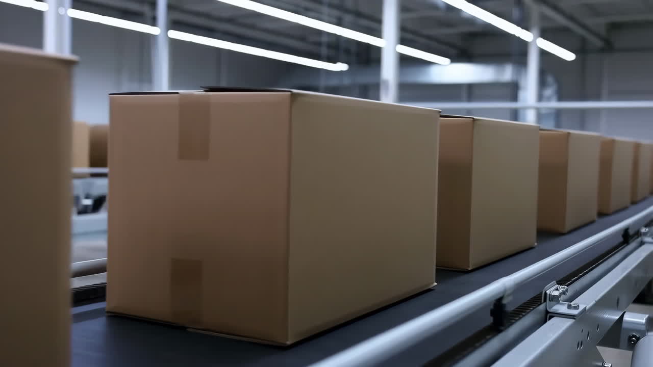 Cardboard boxes on a conveyor belt in a warehouse