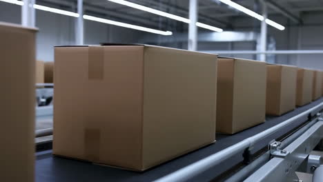 cardboard boxes on a conveyor belt in a warehouse