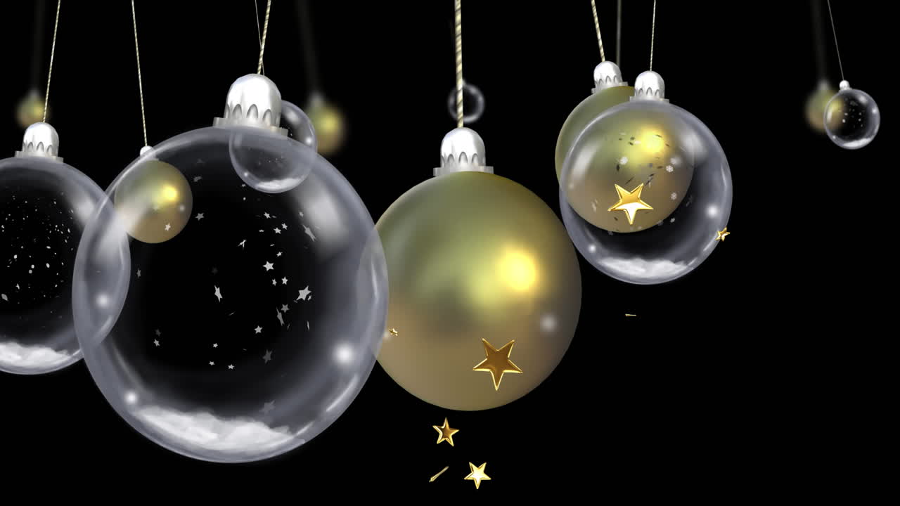 Animazione di palline di Natale ciondolanti con nevicata e stelle su sfondo nero.