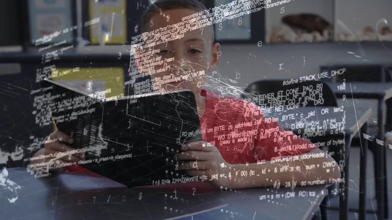 Boy reading black book, causing world map and code overlay growing across frame for education