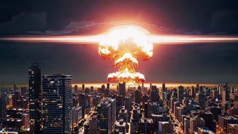 nuclear explosion progression visualizing devastating stages from initial detonation through massive mushroom cloud formation over urban landscape, showing destructive power and catastrophic impact