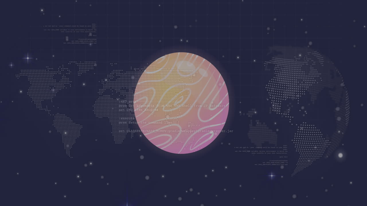 Animation of abstract pattern in circle over computer language and map against stars