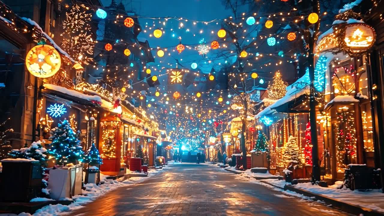 Christmas street scene with lights and snow