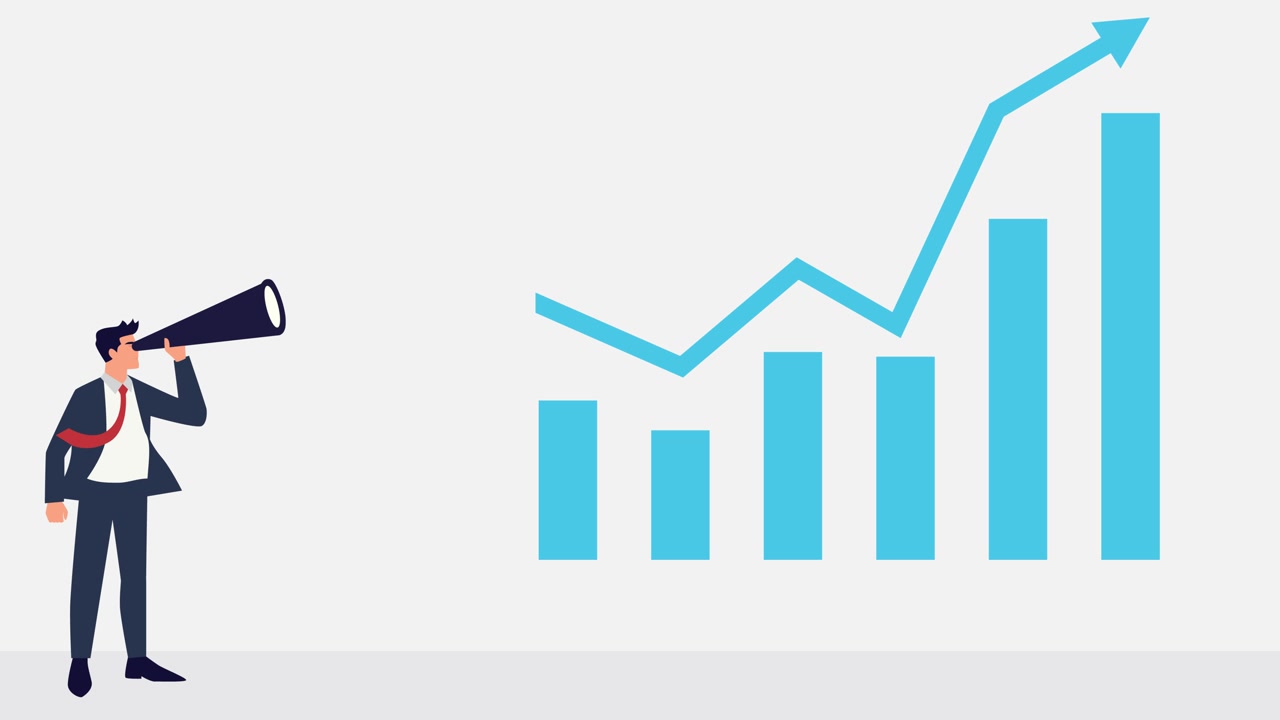 Businessman with Telescope Observing a Rising Business Growth Chart