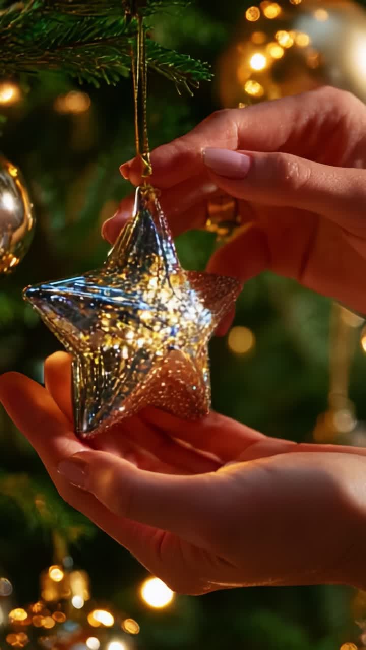 A Stunning Close-Up of a Hand Gracefully Adjusting a Shimmering Star Ornament on a Christmas Tree, Surrounded by Glowing Lights and Festive Decorations Evoking the Spirit of the Holidays