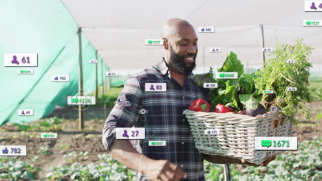 animación de participación en las redes sociales sobre el agricultor que lleva una canasta de verduras frescas