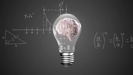 animación de cerebro giratorio dentro de un icono de bombilla y ecuaciones matemáticas contra un fondo gris.