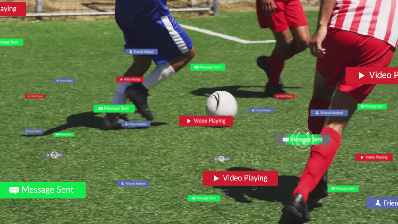 축구 선수 들 이 경기장 위 에 있는 배너 에 있는 소셜 미디어 아이콘 의 애니메이션