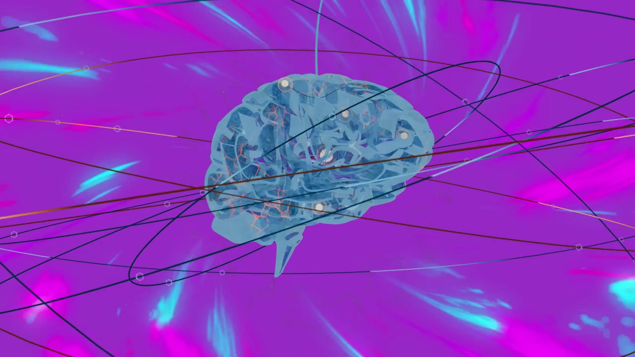 Translucent blue brain drifting rotating as thin lines entering and loops connecting nodes mapping