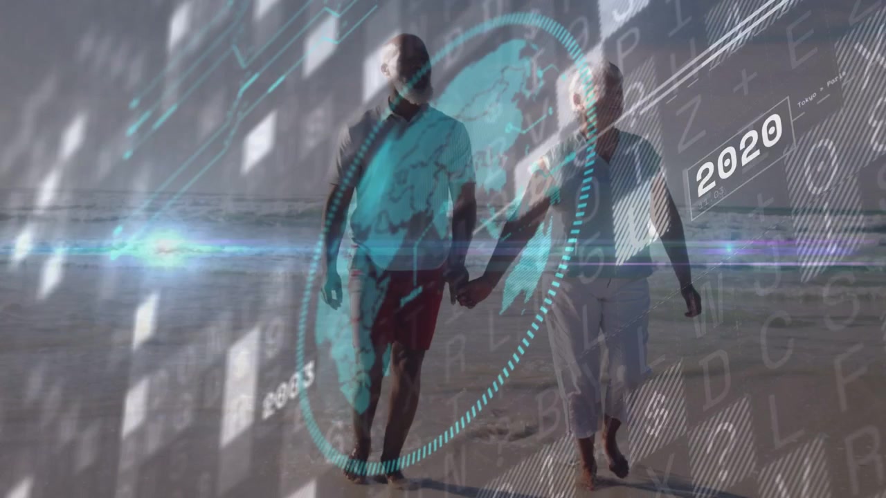 Couple walking shoreline, HUD sweeping over pair, causing tiles and years flashing on tech timeline