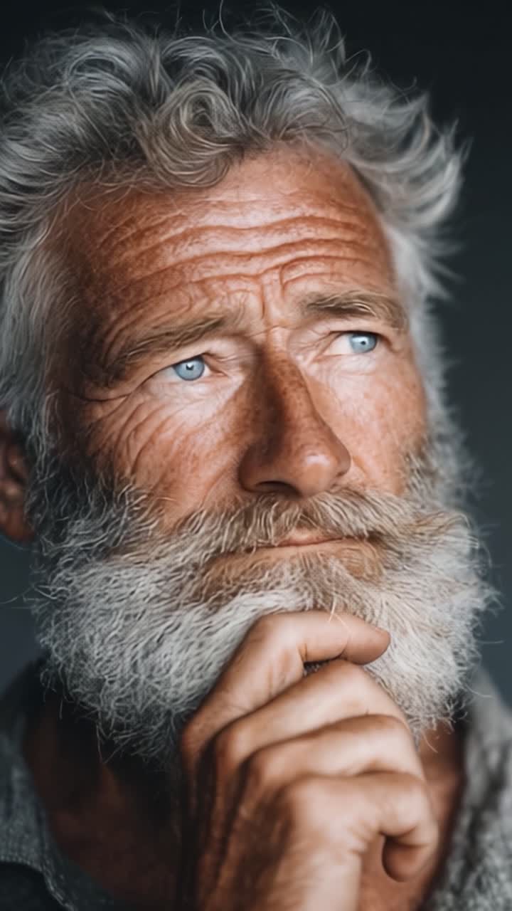 Un anziano pensieroso con occhi azzurri profondi e una barba bianca distintiva contempla la vita, catturando la saggezza e l'esperienza riflesse nella sua espressione.