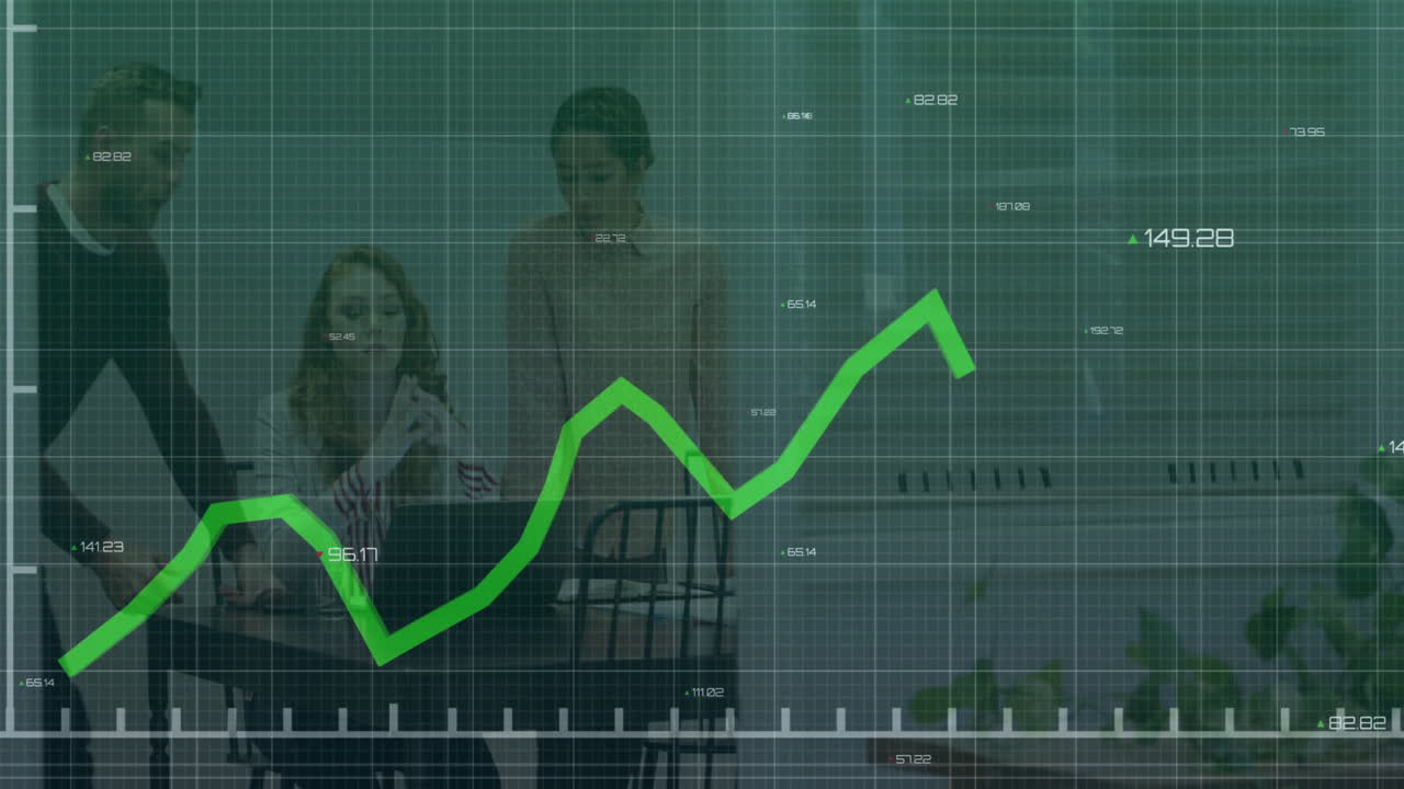 Discussing fluctuating stock market graph animation, business team analyzing data together