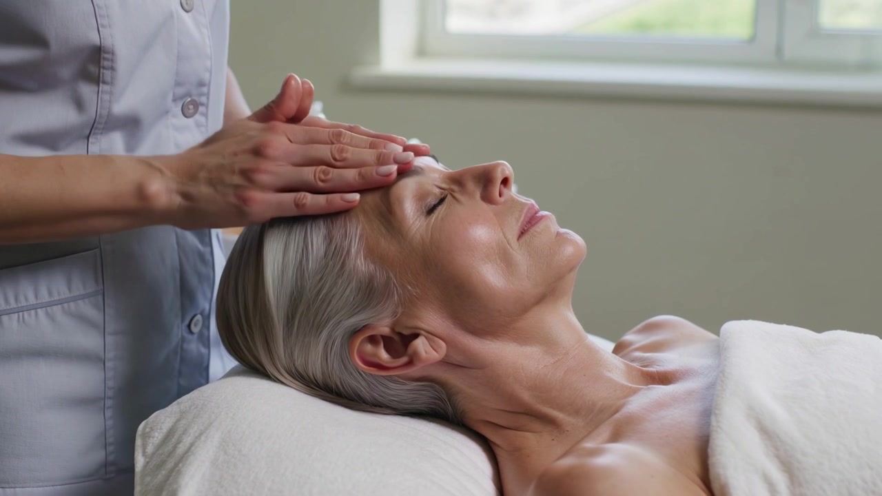 Eine uniformierte Therapeutin führt eine Gesichtsmassage auf einem Behandlungsbett durch und trägt Gel mit einem Handtuch auf den Kunden auf.