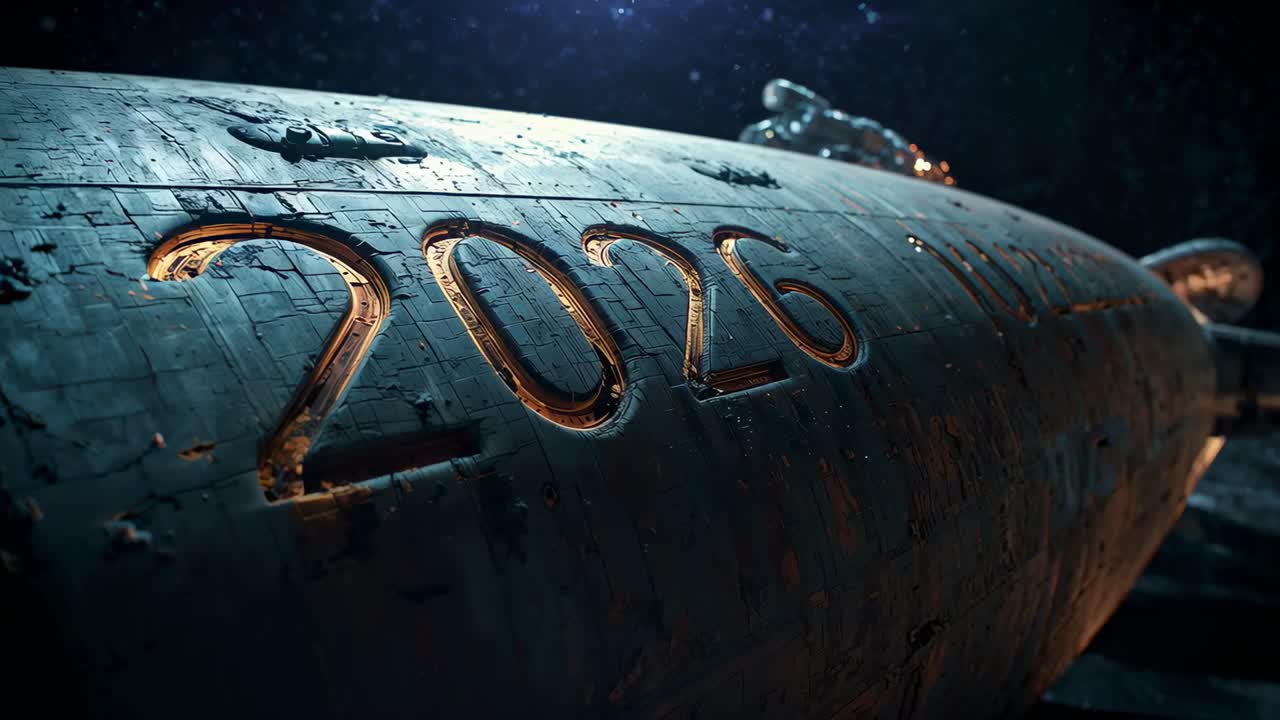 Camera slowly tracking curved ship hull, revealing recessed 2026 and distant nacelle in space