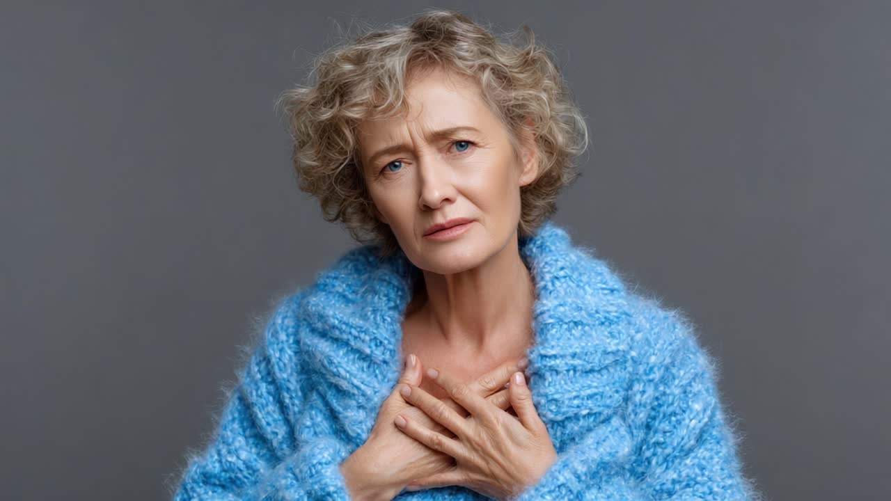 Una donna anziana e contemplativa, con un comodo maglione blu, esprime un'emozione profonda, riflettendo sulle sue esperienze e trasmettendo un senso di vulnerabilità e forza in un ritratto semplice ma potente