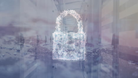 animation of network of connections forming a cloud icon, security shield icon against server room