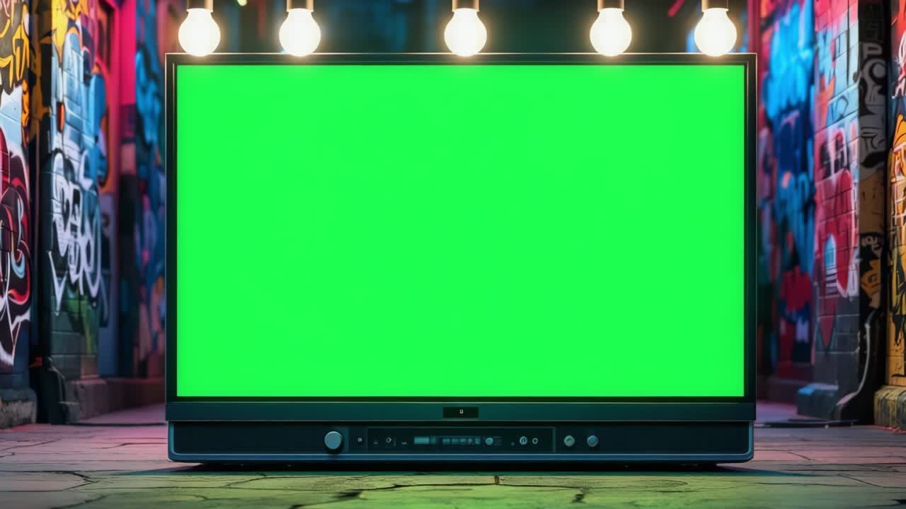 Large television mock up featuring a vibrant green screen is positioned in an urban alley, illuminated by hanging lights, with colorful graffiti art adorning the surrounding walls, creating a lively atmosphere