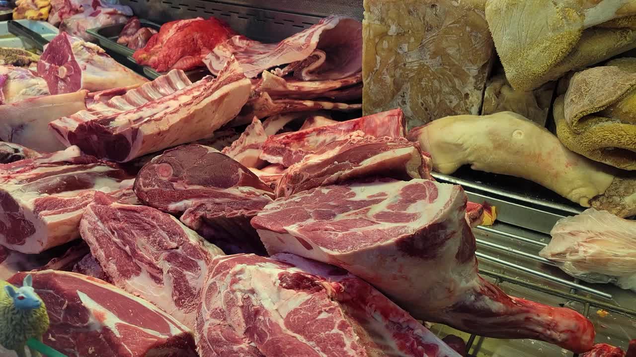Wide Pan Left of a Meat Display at a Butcher's Shop