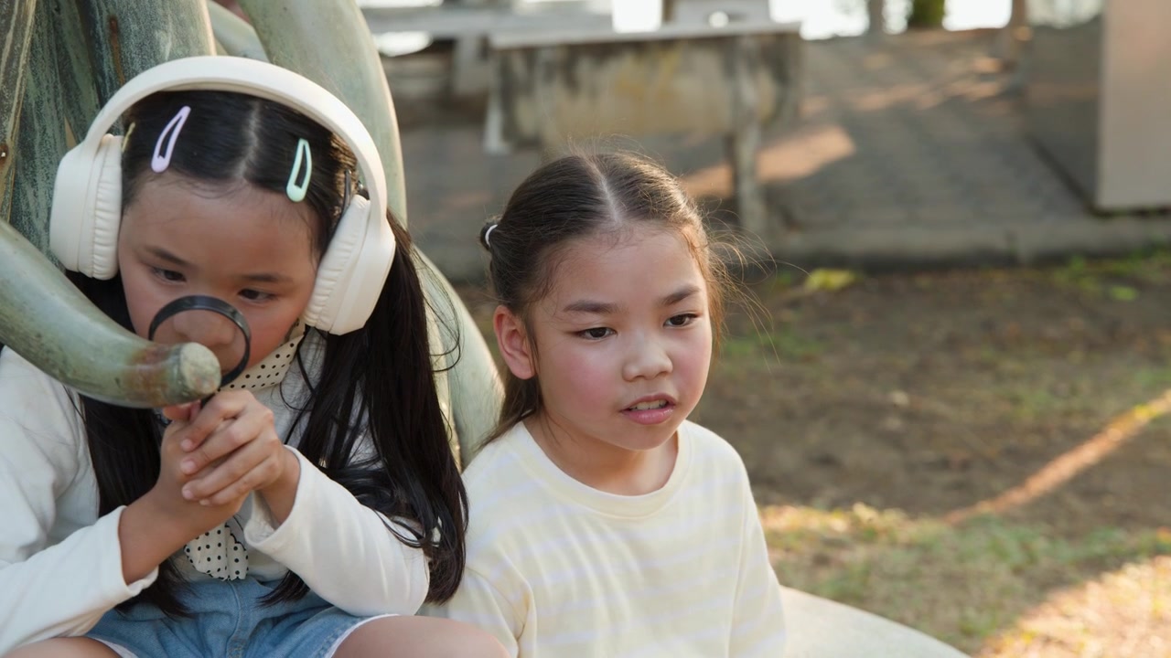 Dua gadis muda menjelajahi alam dengan kaca pembesar dan headphone di Taman Lumpini, Bangkok