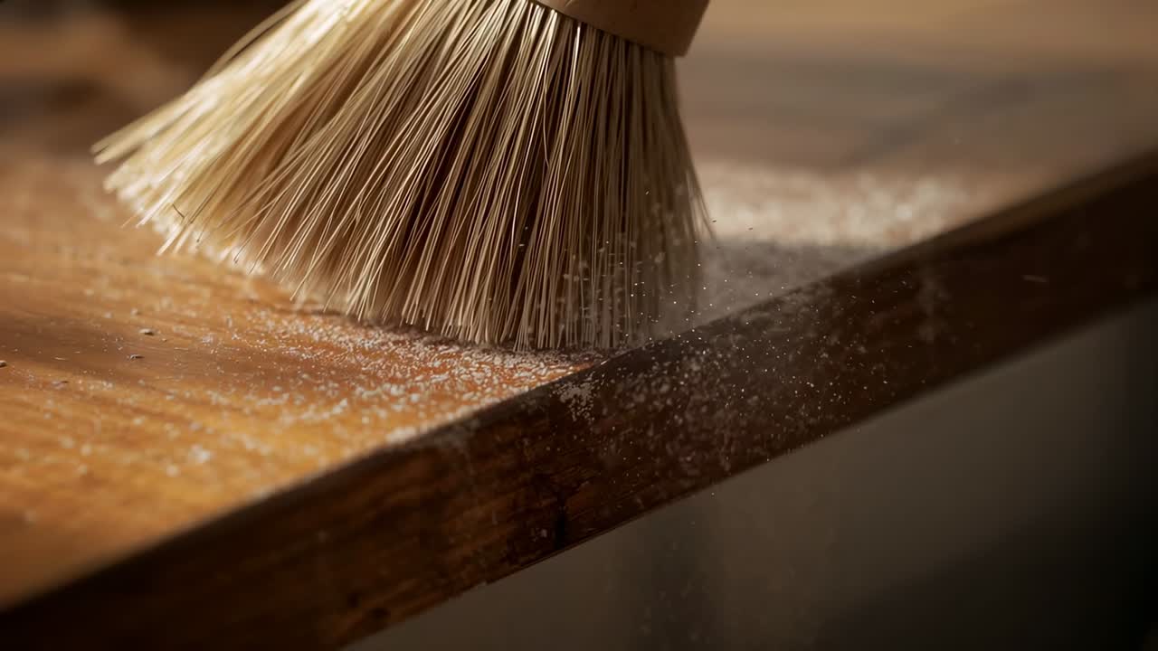 Børstning rundt med naturlig børstehoved efter berøring af pudder, rengøring af kant på træbordplade