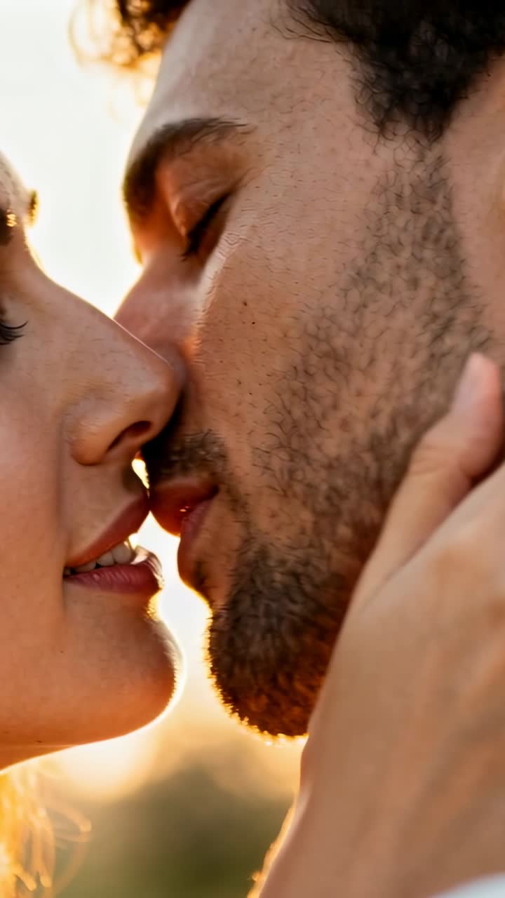 Vertical video: Kissing loving couple leaning into sunset backlit while woman cupping man's stubble