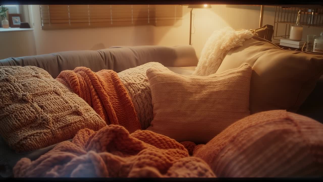 Flickering floor lamp casting glow over sofa at home, highlighting knitted blankets and cushions