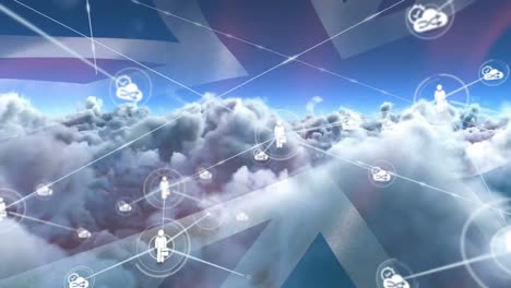 animation of network of connections with icons over clouds