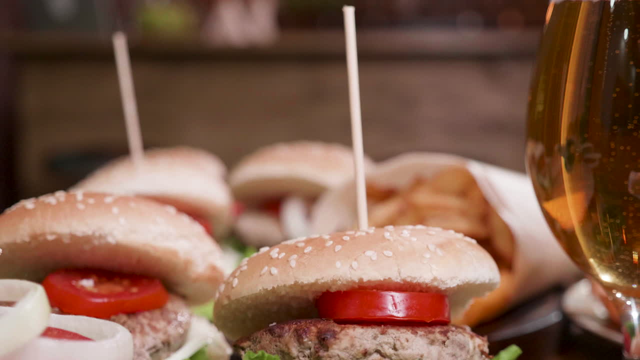 Mini Burgers, French Fries, and Beer