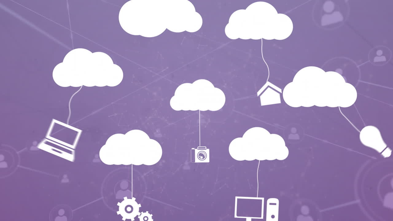 Connected cloud icons and devices over purple animation digital network background