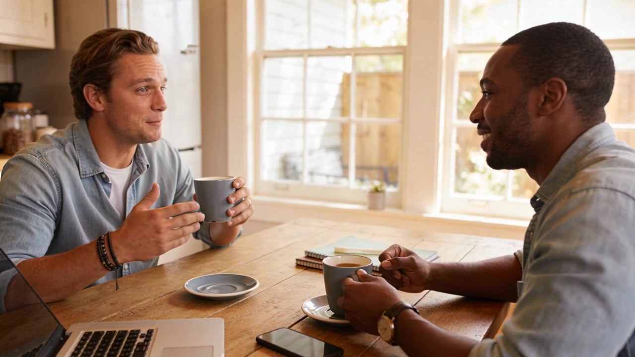 Sipping, left man starting conversation, two men light shirts catching up with mugs at wooden table