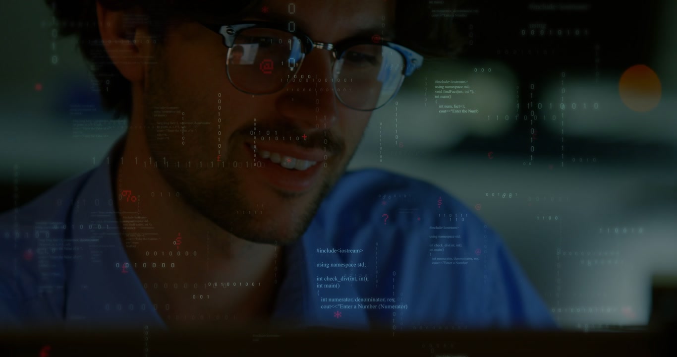 Tech developer wearing glasses reacting to code overlay on lenses, shifting gaze and confirming fix