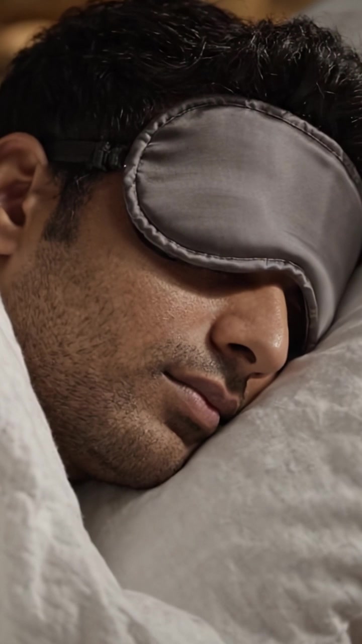Et fredfyldt øjeblik fanget, hvor manden sover fredeligt med en blød sovemaske over øjnene, hvilket symboliserer ro og vigtigheden af hvilefuld søvn.