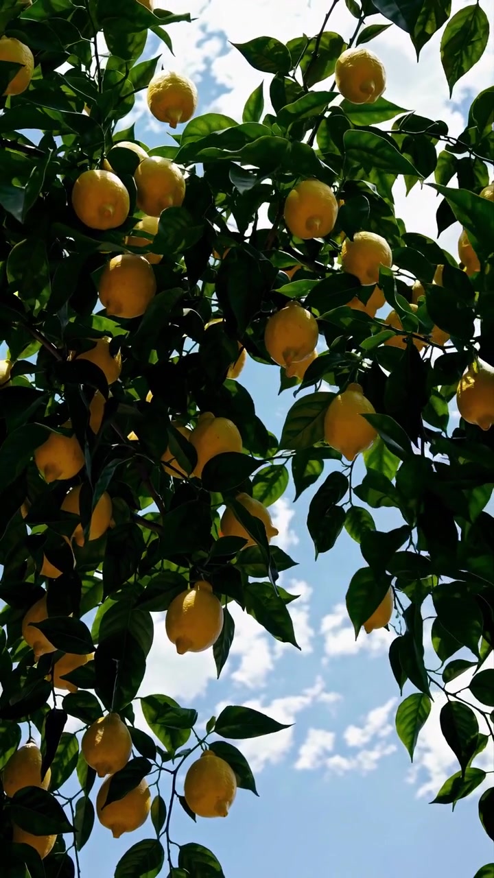 Limoni gialli maturi appesi ai rami dell'albero contro il cielo blu