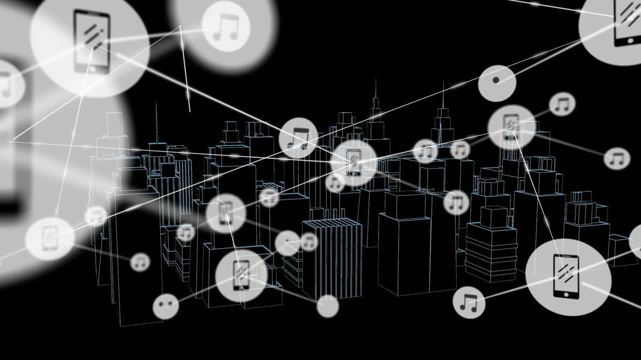 animación de la red de conexiones con iconos sobre el dibujo arquitectónico 3d de la ciudad en el fondo