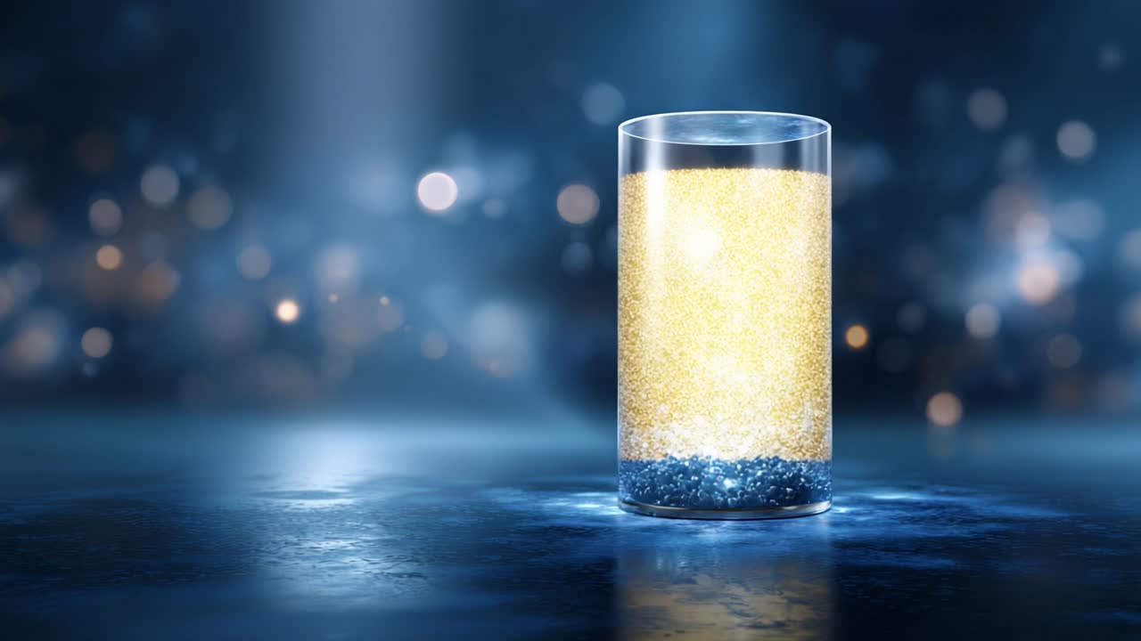 Un misterioso cilindro di vetro che affascina con particelle scintillanti, passando da tonalità blu a dorate, su uno sfondo atmosferico da sogno con luci soffuse