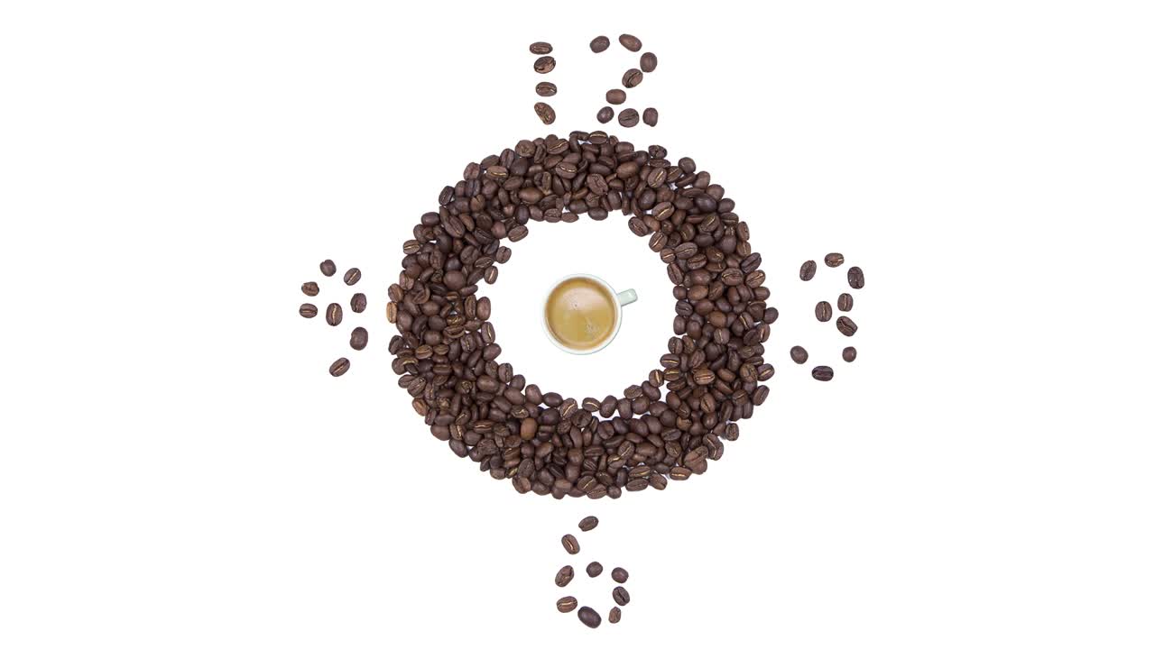 커피 시간 - 폼과 커피 콩의 시계와 함께 커피 컵, 색 배경에 고립 된 원활한 루프 애니메이션