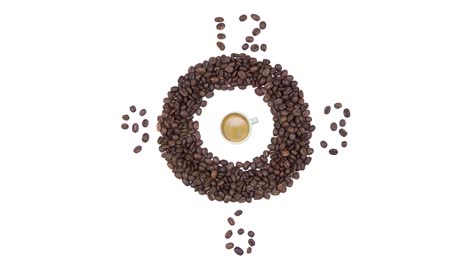 hora del café - taza de café con espuma y reloj de granos de café, animación de bucle sin costuras aislada sobre un fondo blanco